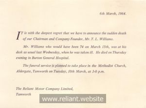 Reliant Death Announcement of T.L. Williams