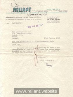 Reliant Letter 1962
